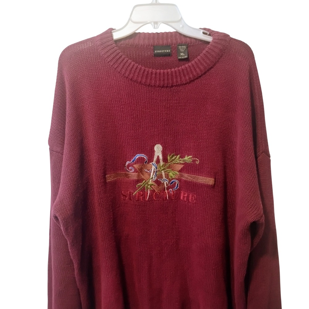 Vintage Structure Mens XL Burgundy Embroidered Crewneck Sweater Ramie Cotton